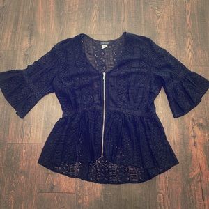 Black lace zip up shirt with bell sleeves.